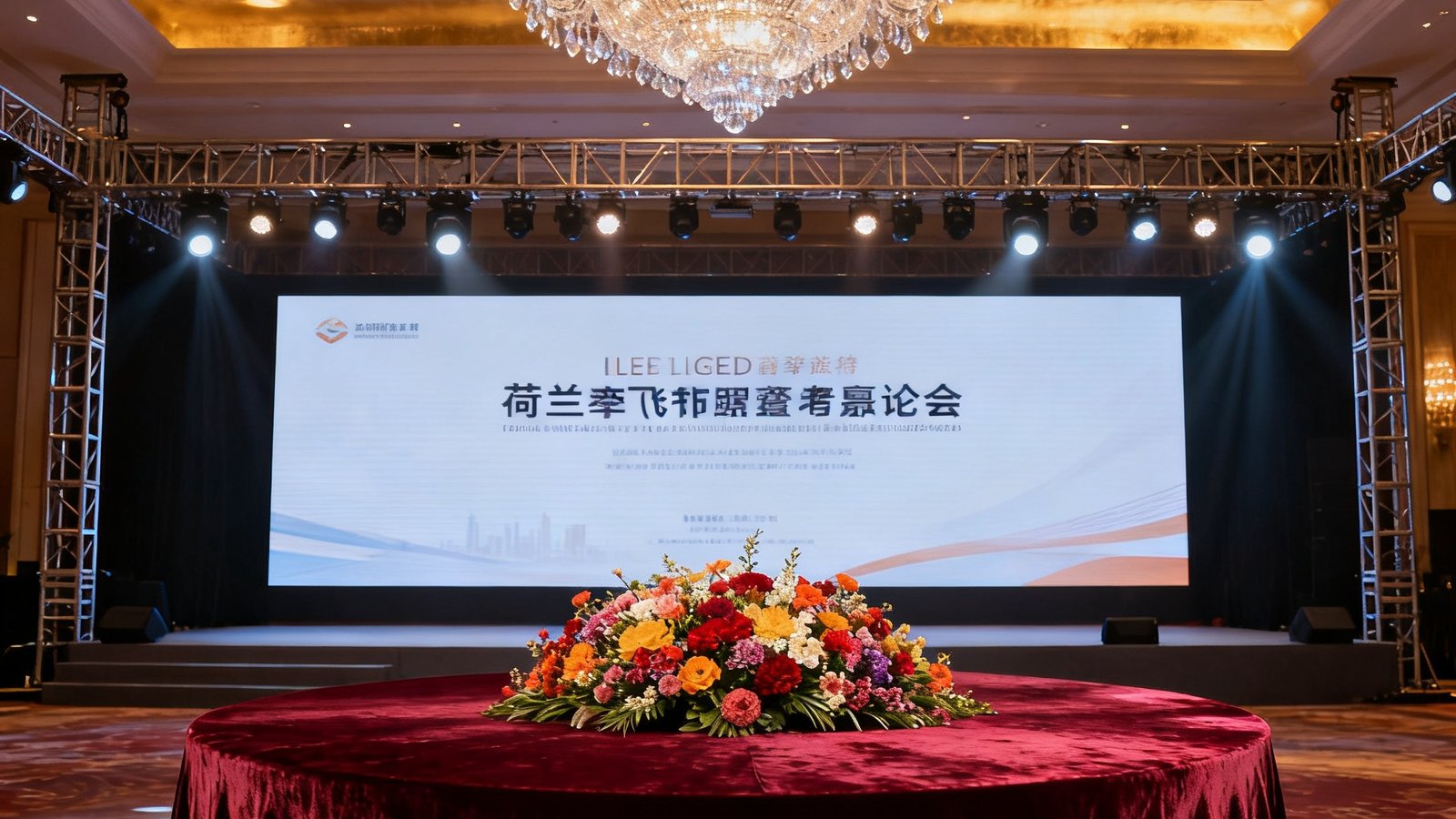 太阳贵宾会集团顶奢论坛会场布置：华丽的水晶吊灯下，圆桌铺着深红色天鹅绒桌布，中央摆放着由荷兰空运而来的鲜花装饰，背景为巨幅LED屏幕和专业的灯光桁架。