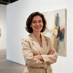 一位气质优雅的画廊主理人女士站在画廊白色展墙前，身穿米色亚麻西装，双臂交叉微笑，背景隐约可见一幅抽象油画。