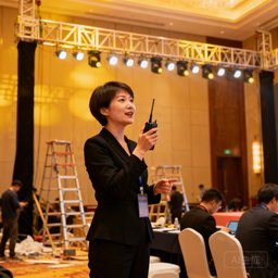 一位短发干练的论坛主办方总监在会议现场手持对讲机指挥工作，身穿黑色套装，神情专注而自信，背景可见正在布置中的会场灯光桁架。